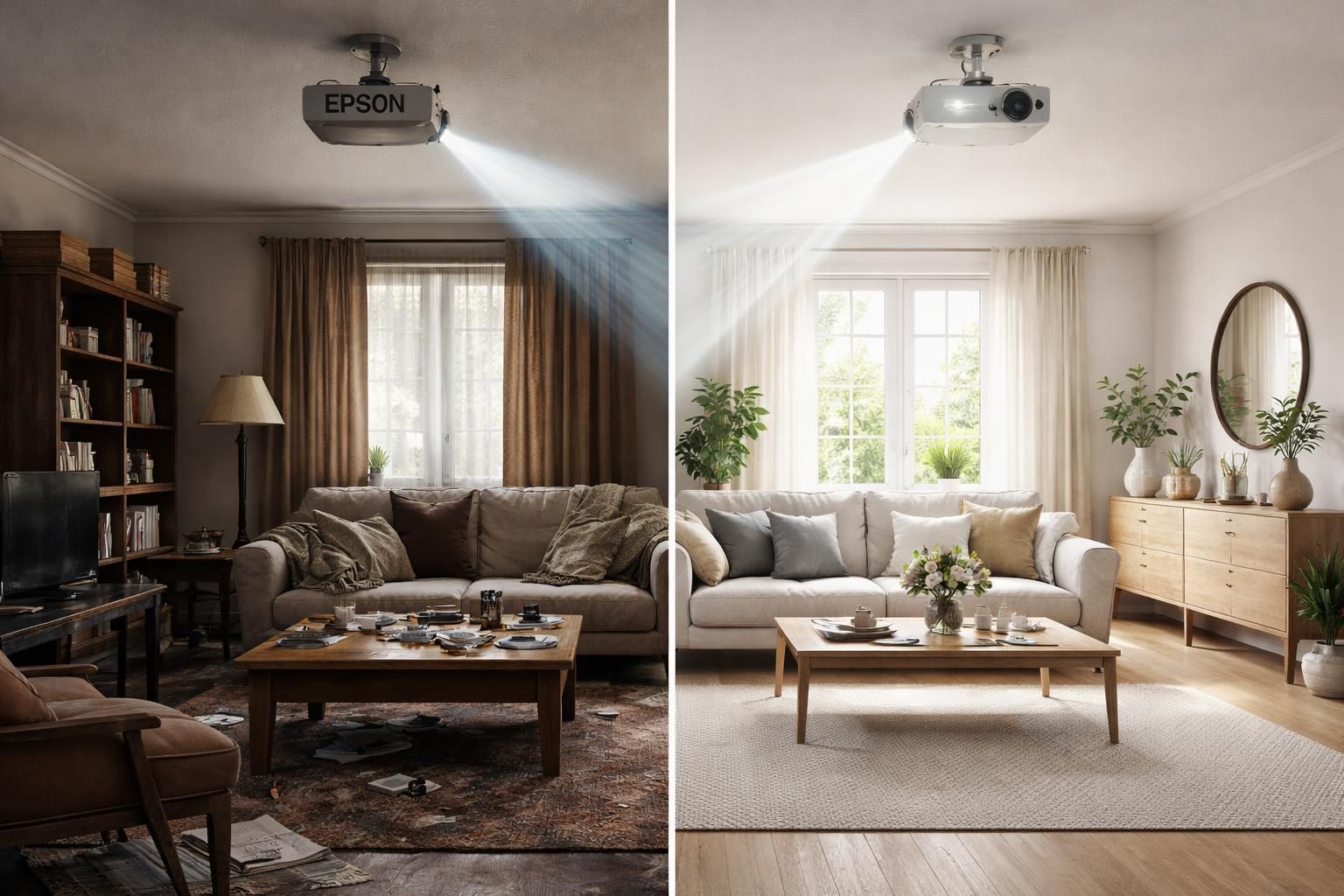 découvrez la transformation spectaculaire de votre intérieur grâce au home staging avant/après ultra net avec le vidéoprojecteur epson. optimisez votre présentation immobilière en mettant en valeur chaque détail.