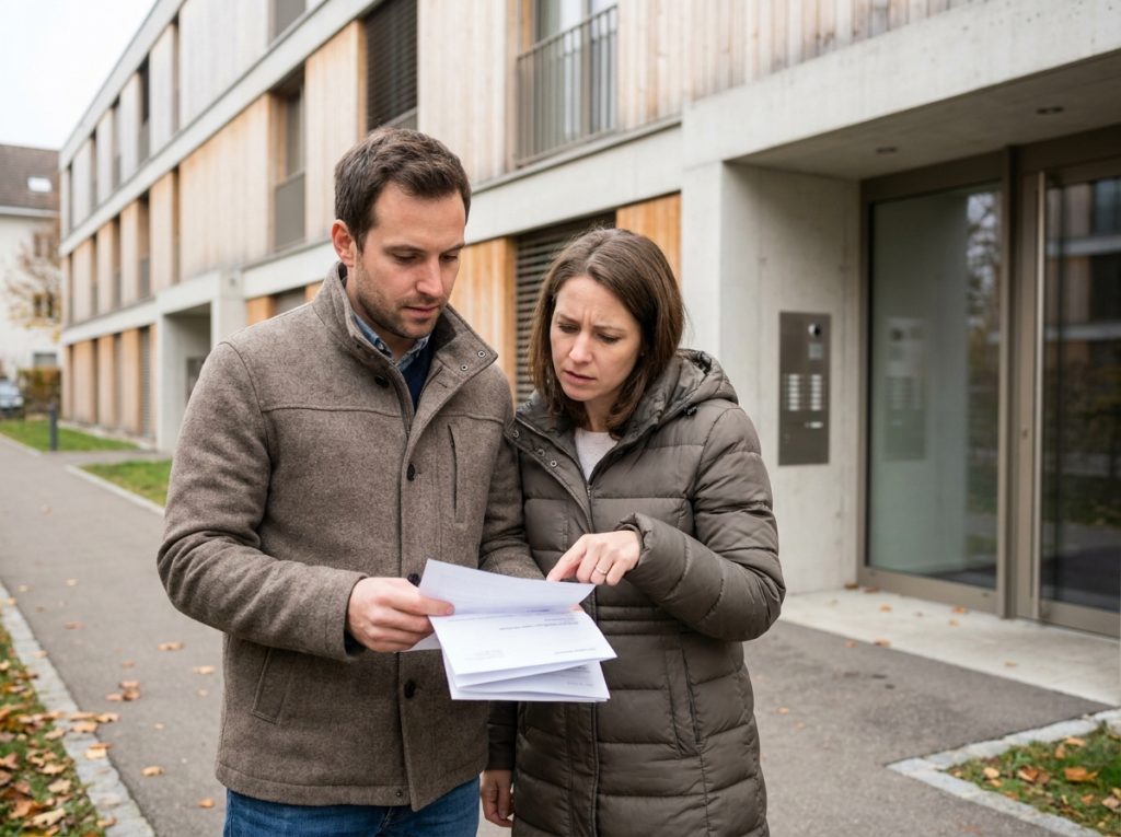 Couple de locataires examinant des documents bancaires pour une garantie de loyer devant un immeuble résidentiel suisse