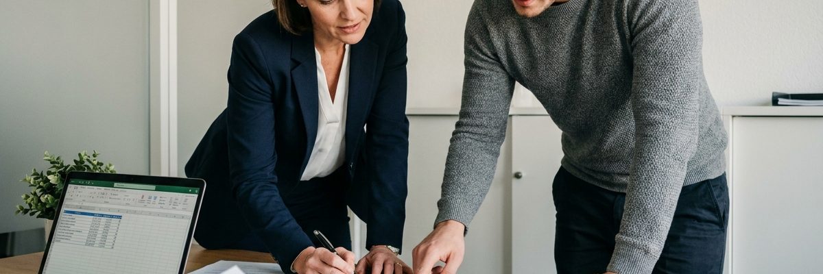 Agent immobilier et locataire signant un contrat de garantie de loyer dans une agence immobilière suisse