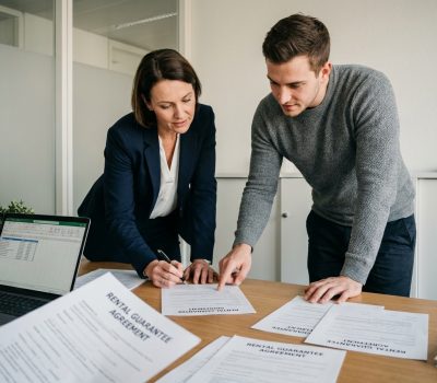 Agent immobilier et locataire signant un contrat de garantie de loyer dans une agence immobilière suisse