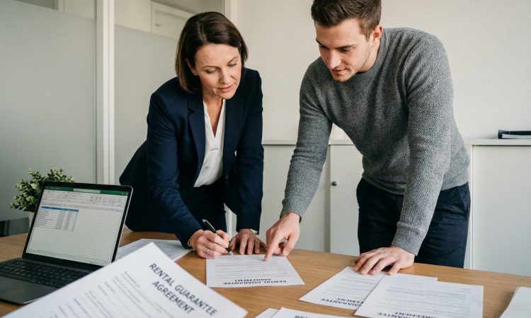 Agent immobilier et locataire signant un contrat de garantie de loyer dans une agence immobilière suisse