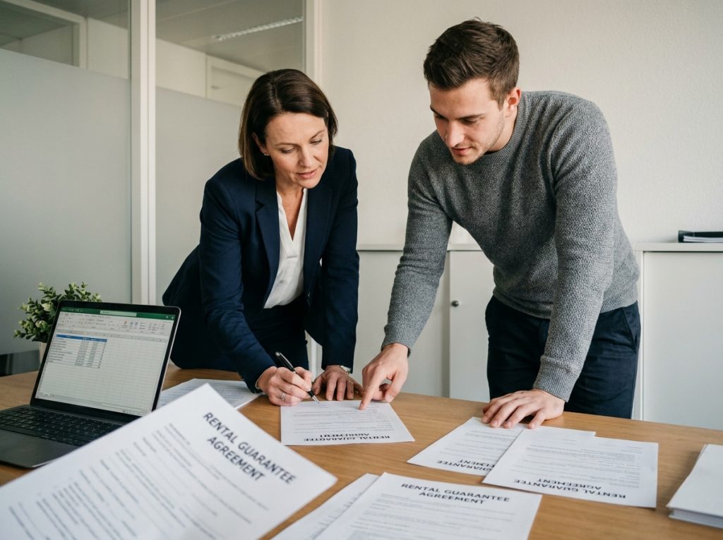 Agent immobilier et locataire signant un contrat de garantie de loyer dans une agence immobilière suisse