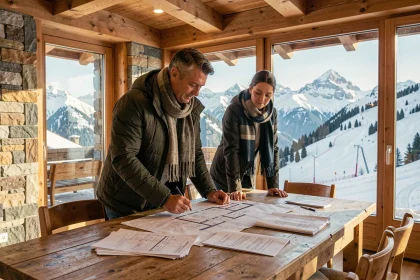 Couple examinant des plans d'appartement dans un chalet en altitude aux Menuires avec vue panoramique sur les pistes enneigées