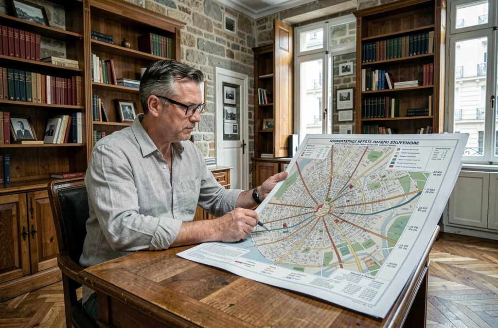 Agent immobilier parisien consultant une carte des prix au m2 par arrondissement dans un bureau de style haussmannien