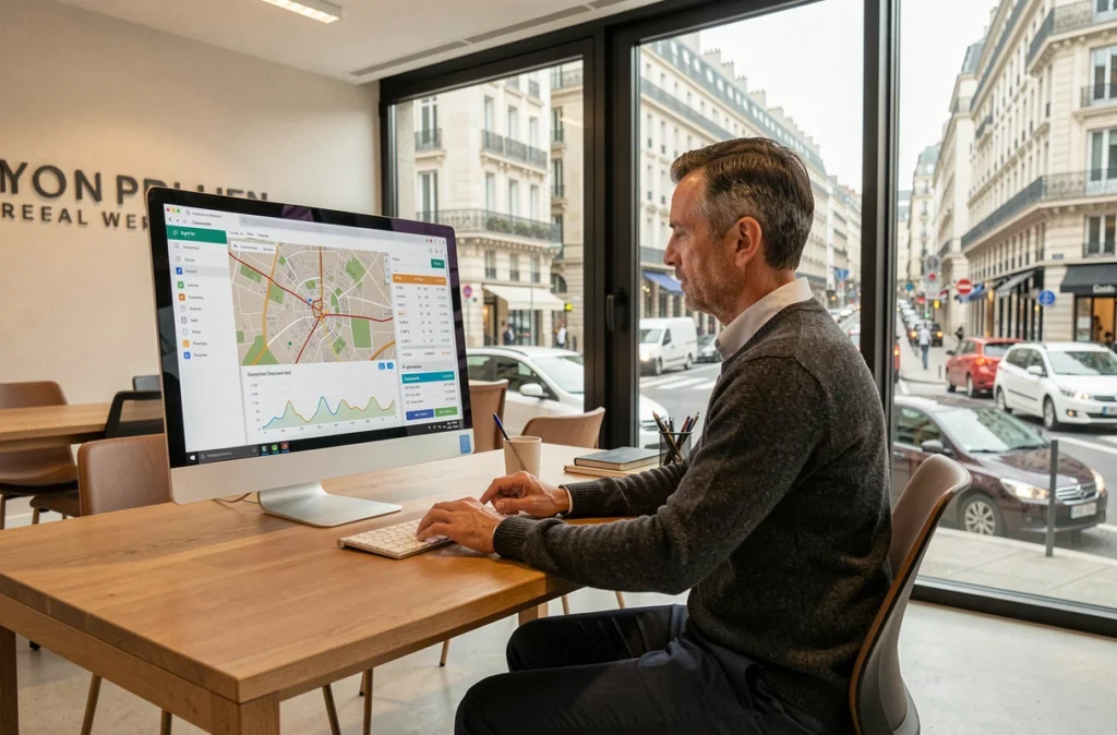 Agent immobilier lyonnais consultant des données de prix du marché sur un écran dans une agence moderne avec vue sur la ville