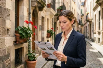 Femme analysant des annonces immobilières dans le quartier de la Croix-Rousse à Lyon, avec des immeubles en pierre calcaire en arrière-plan