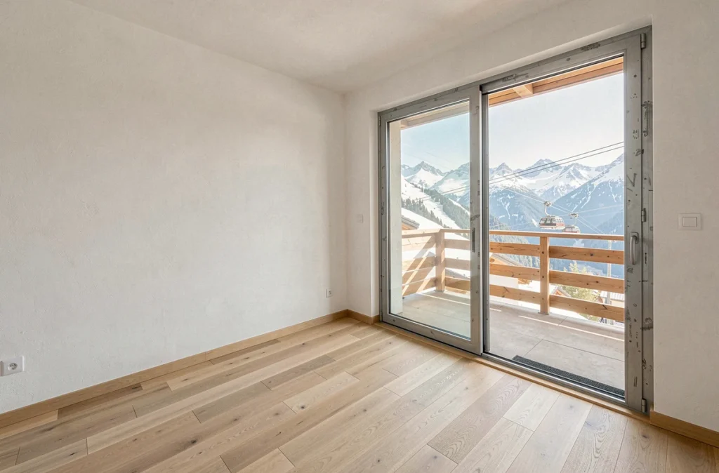 Appartement vide récemment rénové aux Menuires avec parquet en chêne et vue panoramique sur les sommets enneigés depuis le balcon