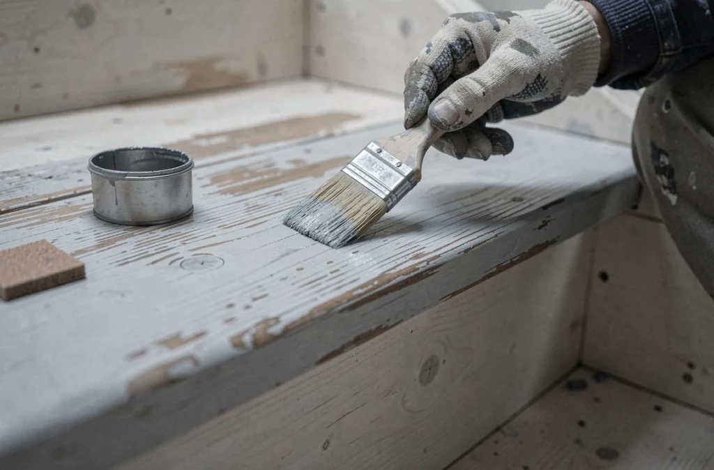 Artisan appliquant une lasure grise sur une marche d'escalier en pin ancien lors d'une rénovation sans remplacement