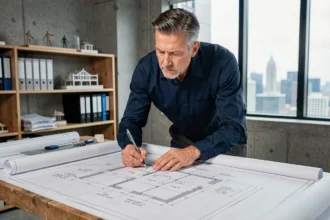 Architecte analysant des plans d'emprise au sol sur une table à dessin dans un studio professionnel