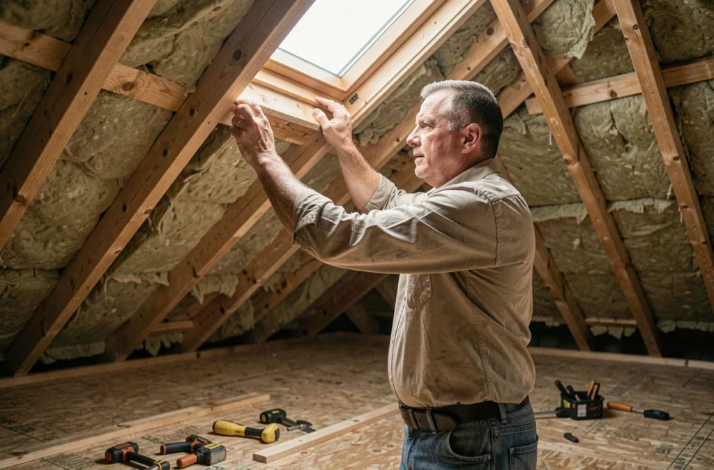 Artisan installant une fenêtre de toit dans un grenier en cours de rénovation pour apporter de la lumière naturelle