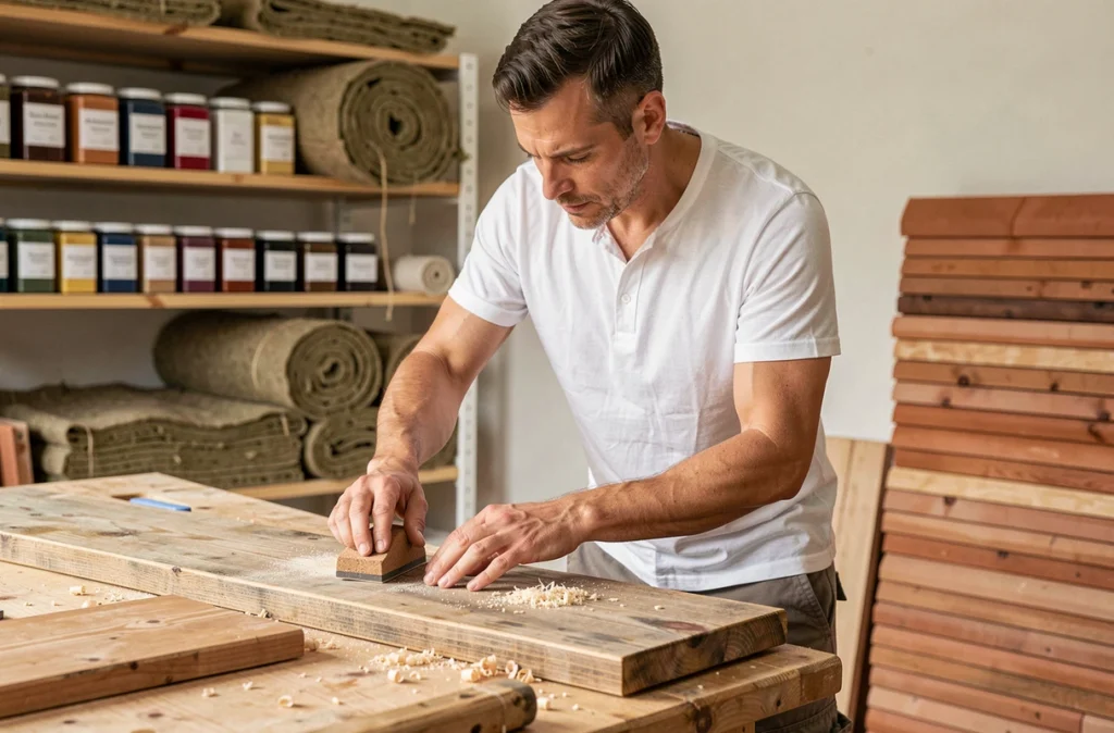 Artisan ponçant un panneau de bois recyclé dans un atelier de rénovation entouré de matériaux naturels comme la laine de chanvre et les carreaux en terre cuite