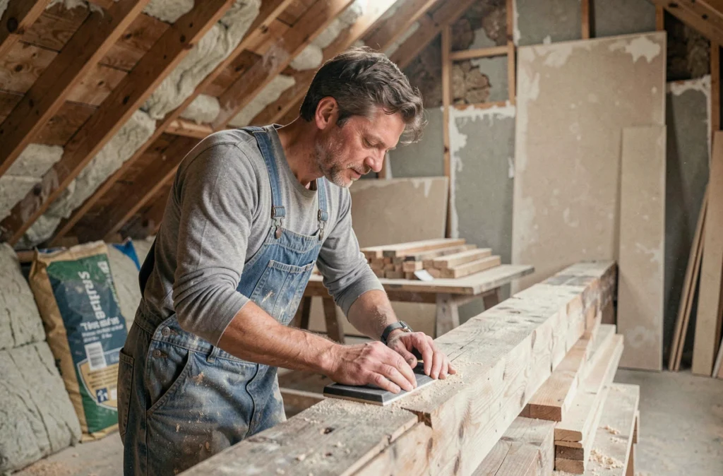Artisan en train de rénover un grenier, ponçant une poutre en bois brut dans un chantier de transformation de combles