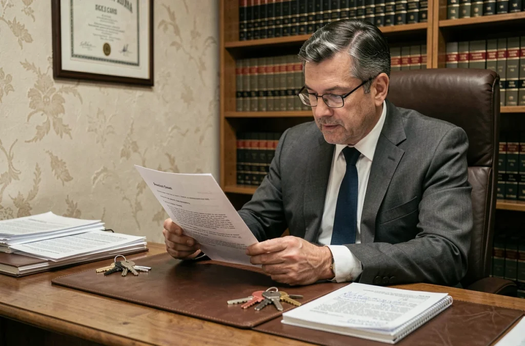 Avocat examinant une plainte liée à un changement de serrure illégal après une séparation conflictuelle