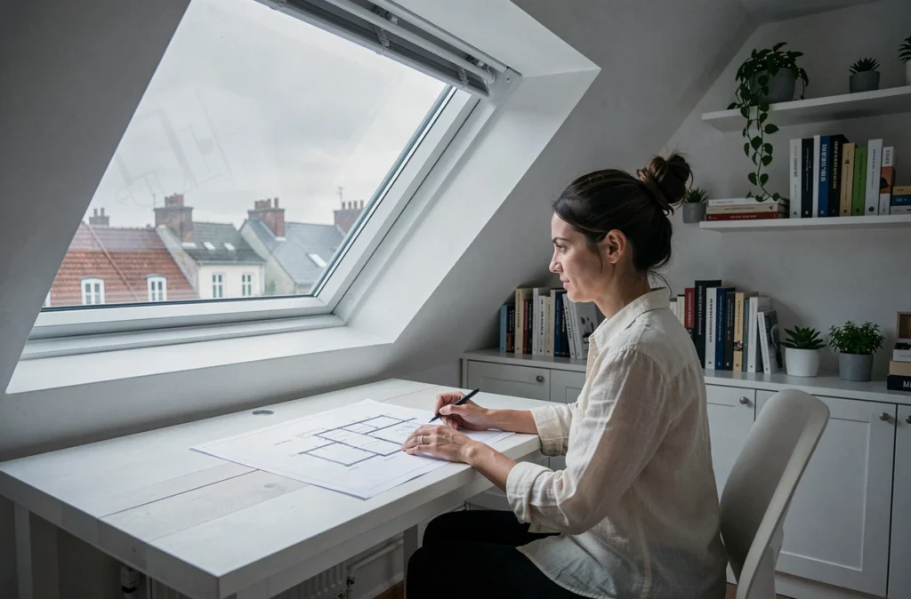 Bureau aménagé dans des combles rénovés avec fenêtre de toit, femme travaillant sous une verrière avec vue sur les toits