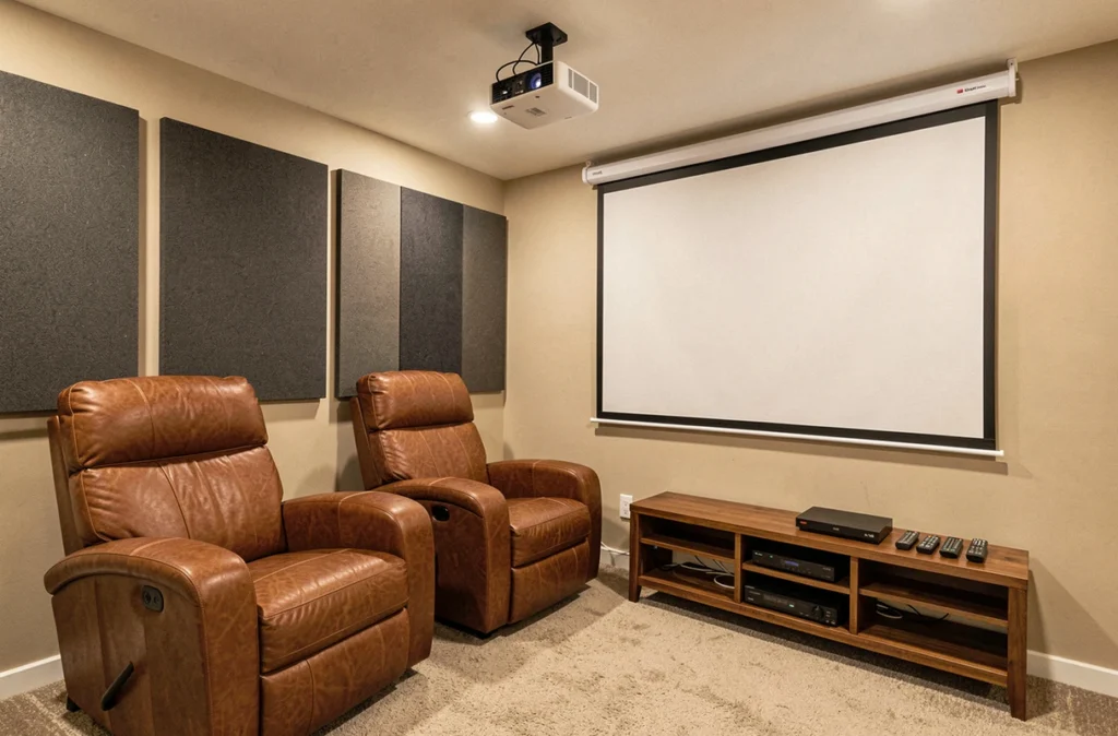 Coin cinéma maison dans une cave aménagée avec fauteuils en cuir, projecteur et écran de projection
