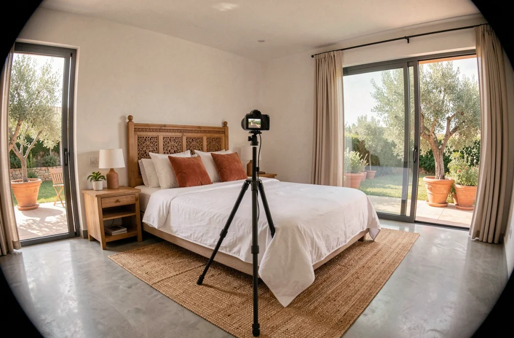 Chambre de location saisonnière haut de gamme photographiée avec une caméra 360° pour une visite virtuelle immersive lamaison360