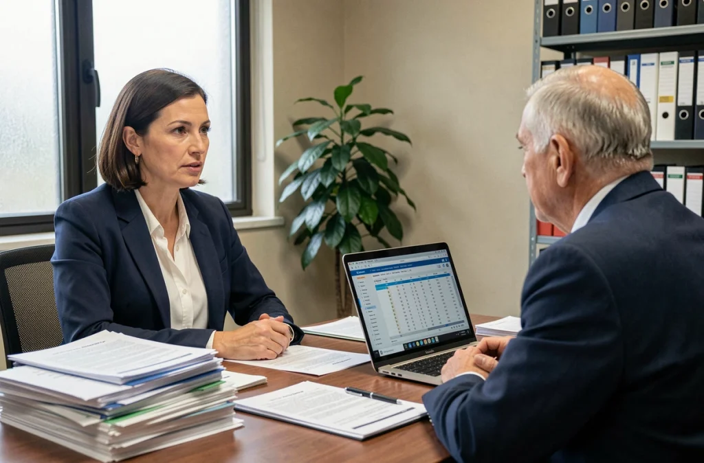 Conseillère immobilière expliquant les options de rachat de mobil home à un propriétaire en fin de bail