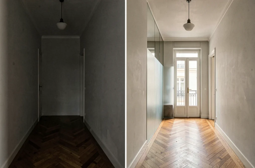 Couloir de maison avant et après rénovation avec cloison vitrée pour améliorer la circulation de lumière naturelle