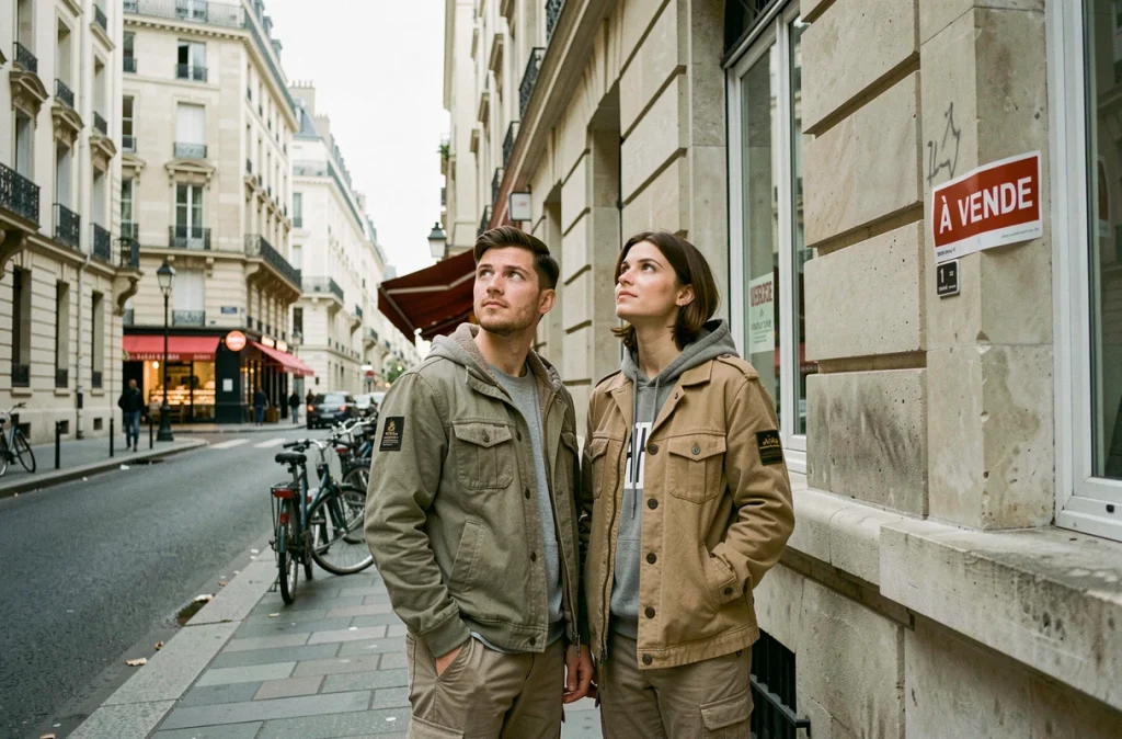 Couple visitant un appartement à vendre dans un quartier parisien pour évaluer le prix au m2 en 2026