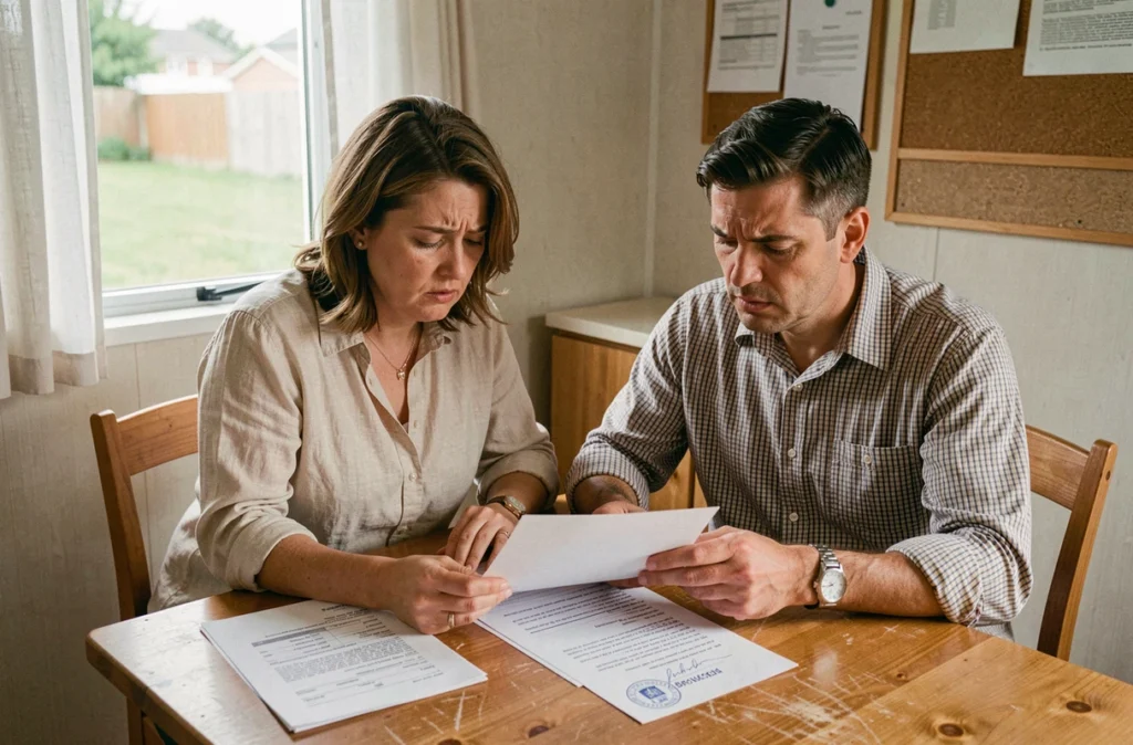 Couple inquiet examinant des documents administratifs relatifs à la loi ALUR et à leur mobil-home à l'intérieur de leur résidence mobile