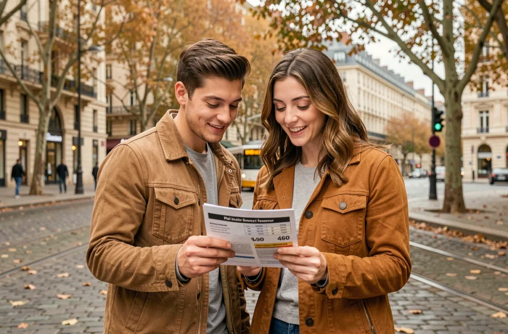 Jeune couple consultant un document de prix immobiliers sur la Presqu'île de Lyon avec des immeubles haussmanniens en arrière-plan