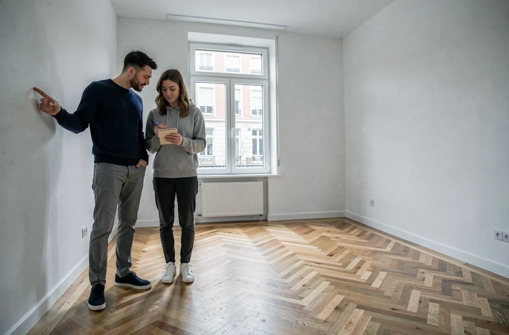Couple visitant un appartement vide lors d'un premier achat immobilier