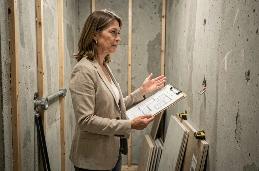 Designer d'intérieur féminine planifiant la rénovation d'une petite salle de bain en tenant des plans d'aménagement
