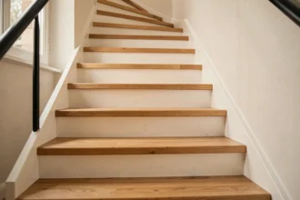 Escalier en bois modernisé avec contremarches blanches peintes et marches en chêne naturel huilé dans un appartement parisien