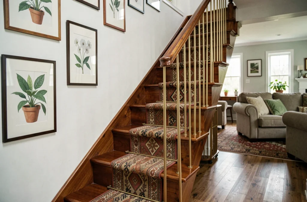 Escalier en bois rénové avec tringles en laiton brossé et tapis de marches à motifs dans une maison de campagne modernisée