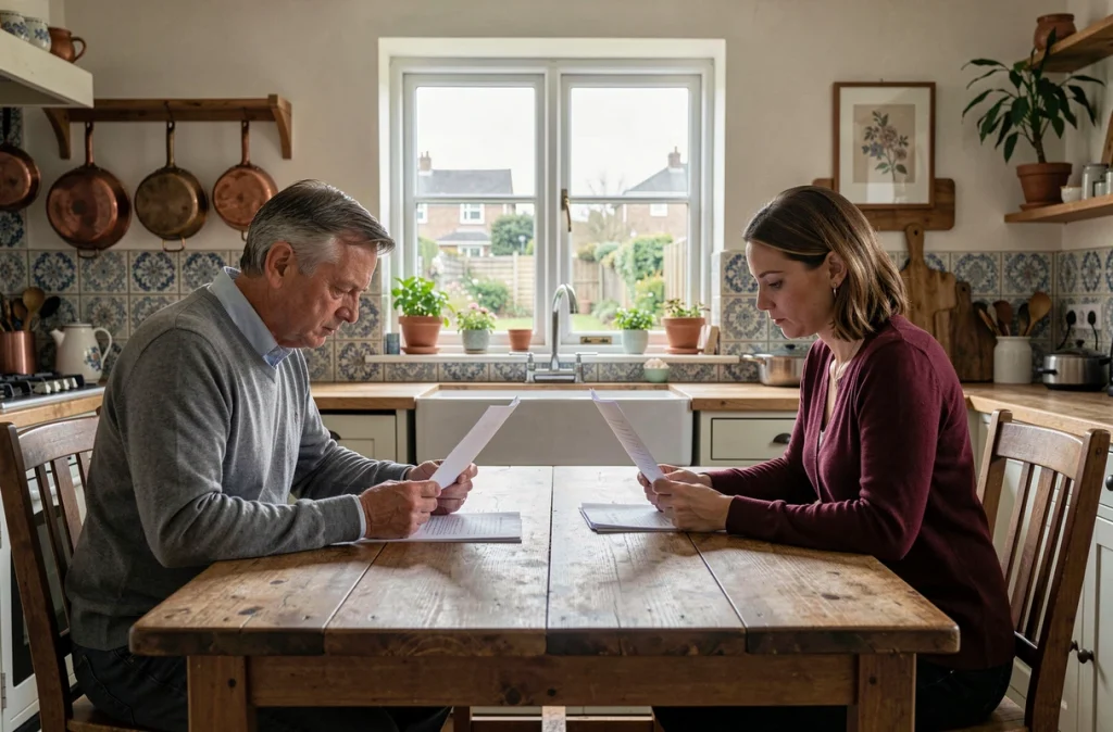 Deux ex-conjoints assis autour d'une table discutant du rachat de parts immobilières lors d'un divorce près de Metz