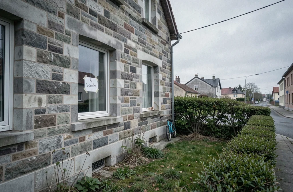 Façade d'une maison en pierre à vendre près de Metz avec panneau discret, jardin abandonné et ambiance de divorce urgent