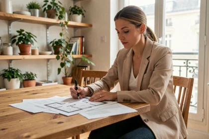 Femme consultant des documents immobiliers pour son premier achat