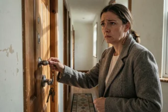 Femme devant une porte dont la serrure a été changée après une séparation, tenant ses vieilles clés inutilisables