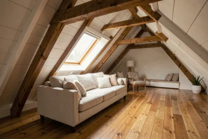 Grenier rénové transformé en salon cosy avec poutres apparentes et fenêtre de toit, canapé en lin et parquet chêne
