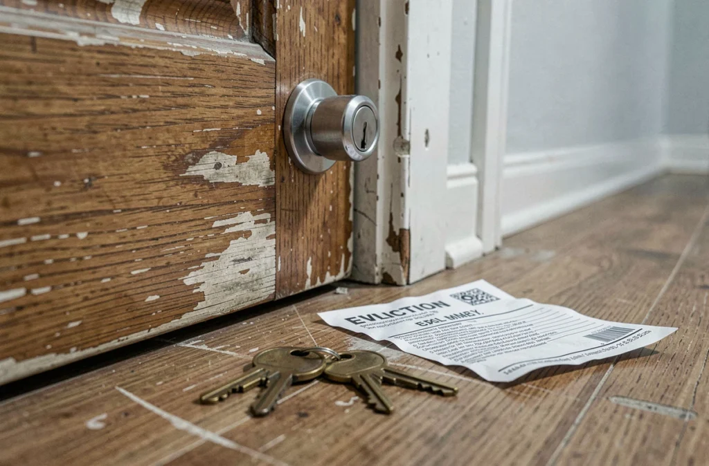 Gros plan sur une nouvelle serrure installée sur une porte d'appartement avec de vieilles clés abandonnées au sol