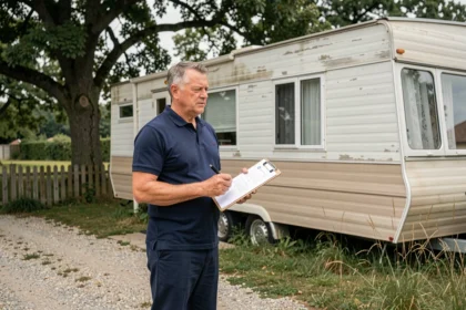 Inspecteur municipal contrôlant un mobil-home installé sur un terrain privé en milieu rural, tenant un clipboard avec des documents officiels