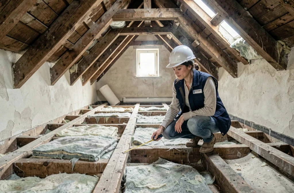 Architecte inspectant l'isolation existante entre les solives d'un plancher de combles dans un immeuble ancien parisien