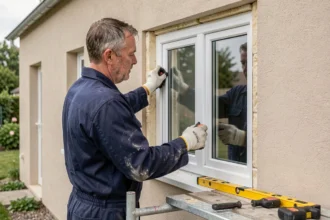 Artisan posant une nouvelle fenêtre à double vitrage sur une maison individuelle pour améliorer l'isolation thermique