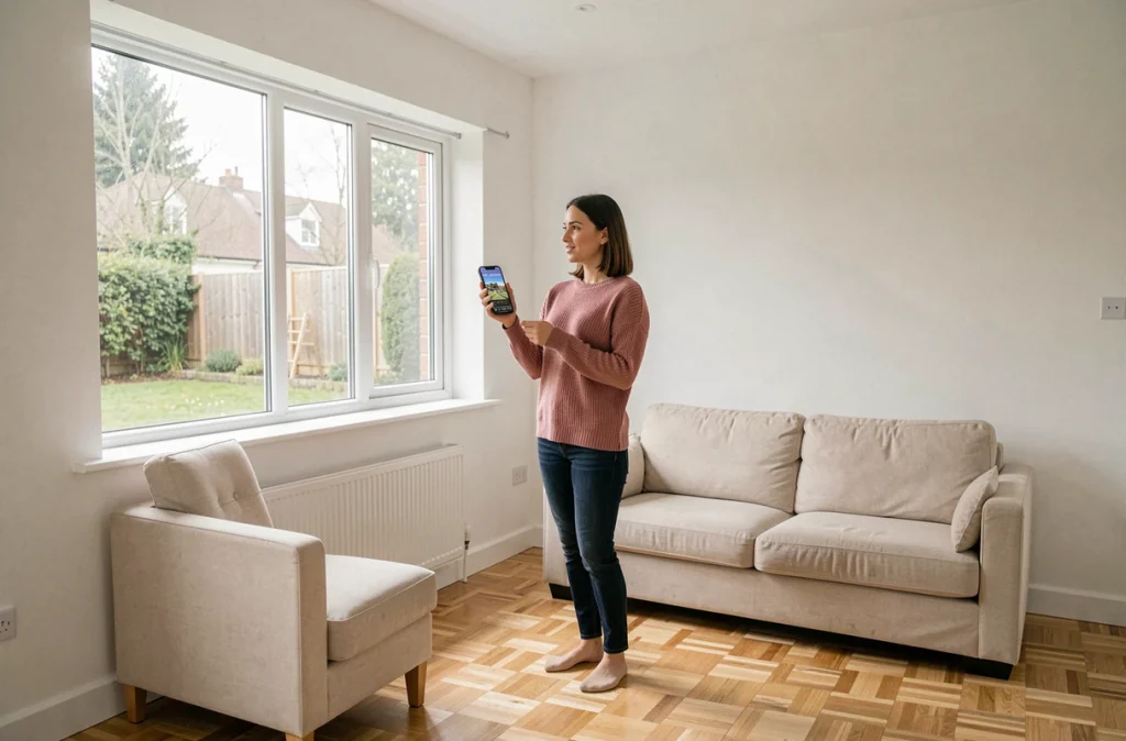 Femme recherchant une location maison plain-pied 2 chambres sur une application immobilière depuis l'intérieur d'un logement
