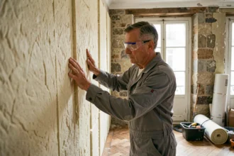 Artisan posant des panneaux d'isolation en laine minérale sur le mur intérieur d'un appartement ancien de style haussmannien