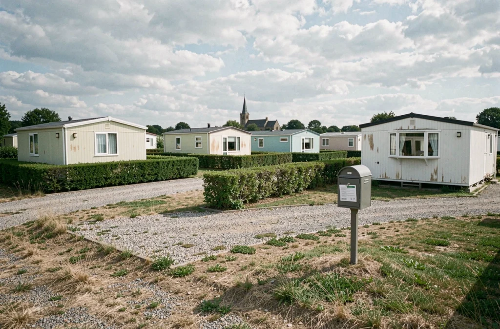Vue extérieure d'un lotissement de mobil-homes en zone rurale française avec un avis officiel municipal affiché sur une boîte aux lettres