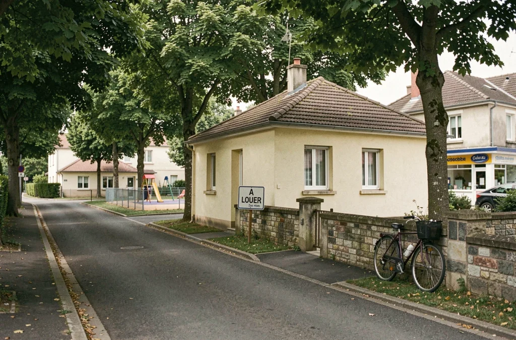 Maison plain-pied à louer avec panneau location dans une rue résidentielle proche école et commerces