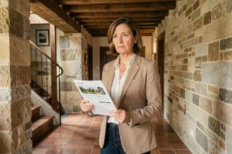 Femme tenant des documents immobiliers dans le couloir d'une maison à vendre près de Metz suite à un divorce