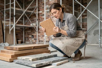 Femme examinant des échantillons de matériaux durables comme le chêne recyclé, le liège et la pierre naturelle lors d'une rénovation intérieure