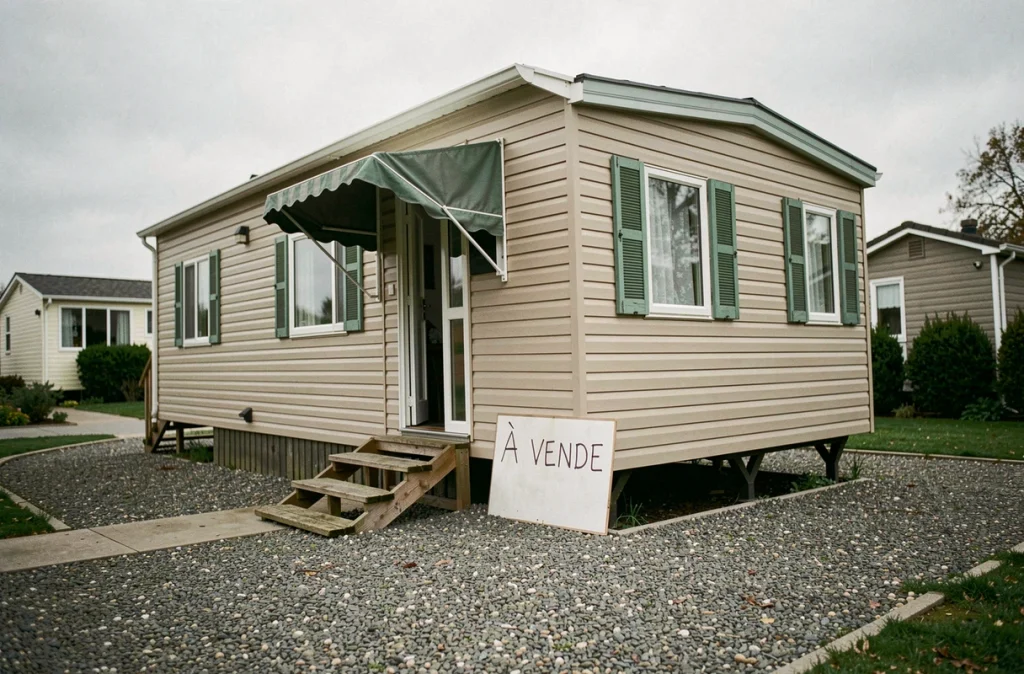 Mobil home avec panneau à vendre dans un parc résidentiel en fin de bail illustrant le risque de vente forcée