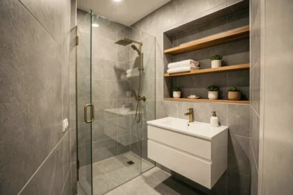 Petite salle de bain rénovée avec meuble vasque suspendu, douche à l'italienne et rangements encastrés pour optimiser l'espace