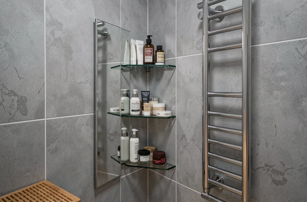 Détail d'un rangement encastré en coin dans une petite salle de bain rénovée avec étagères en verre et armoire miroir