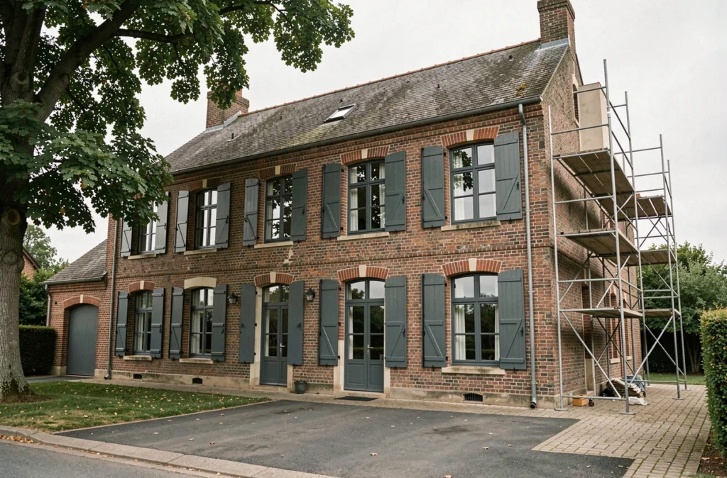 Façade d'une maison en brique des années 70 avec menuiseries extérieures en aluminium anthracite récemment remplacées pour améliorer l'efficacité énergétique