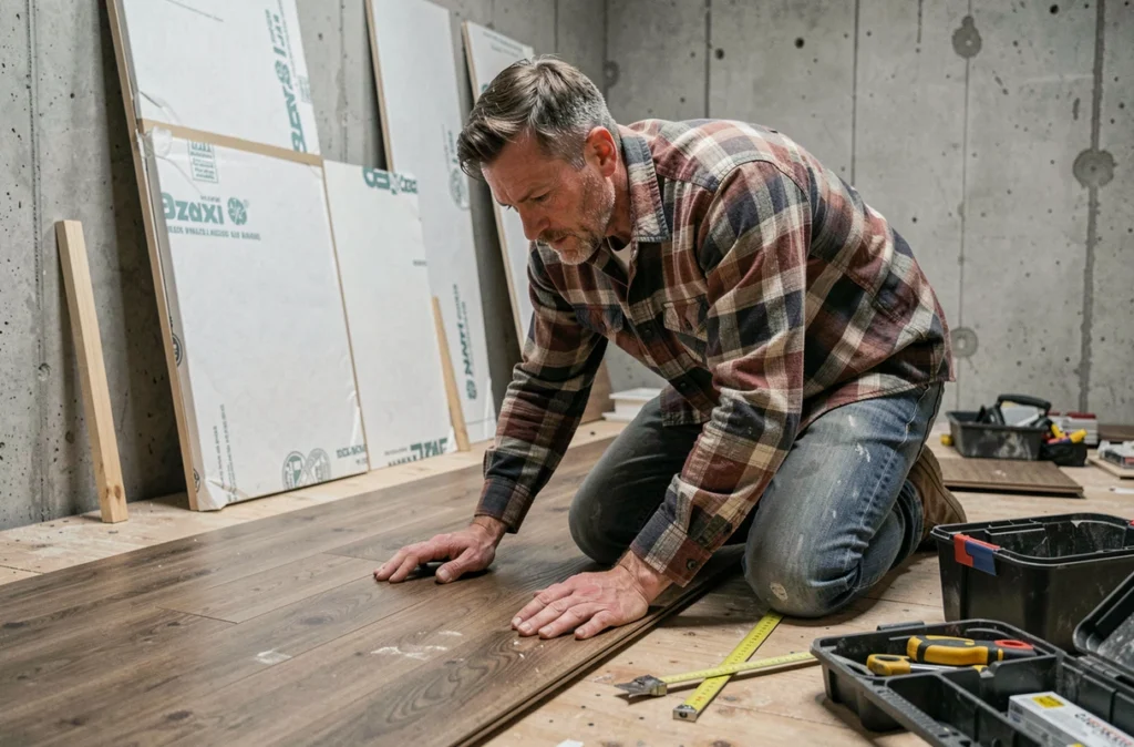 Homme posant un parquet vinyle dans une cave en cours de rénovation pour créer un espace de loisirs