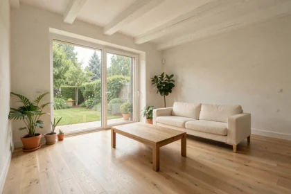 Salon rénové avec grande fenêtre sol-plafond apportant de la lumière naturelle dans une maison moderne